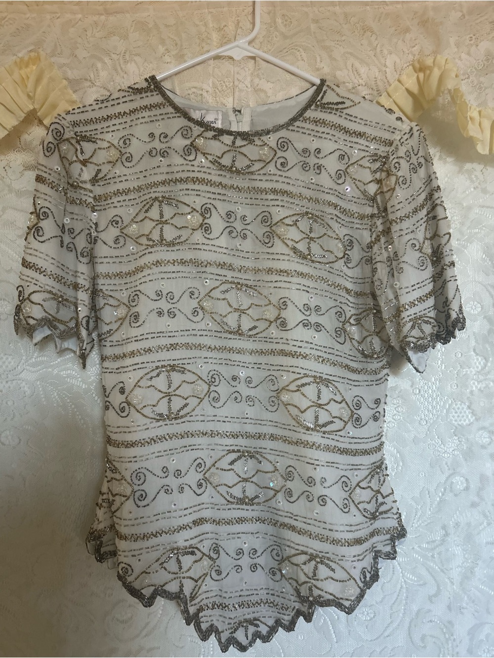 Vintage Laurence Kazan Embellished Cream Sequin silk Short-Sleeve Top S